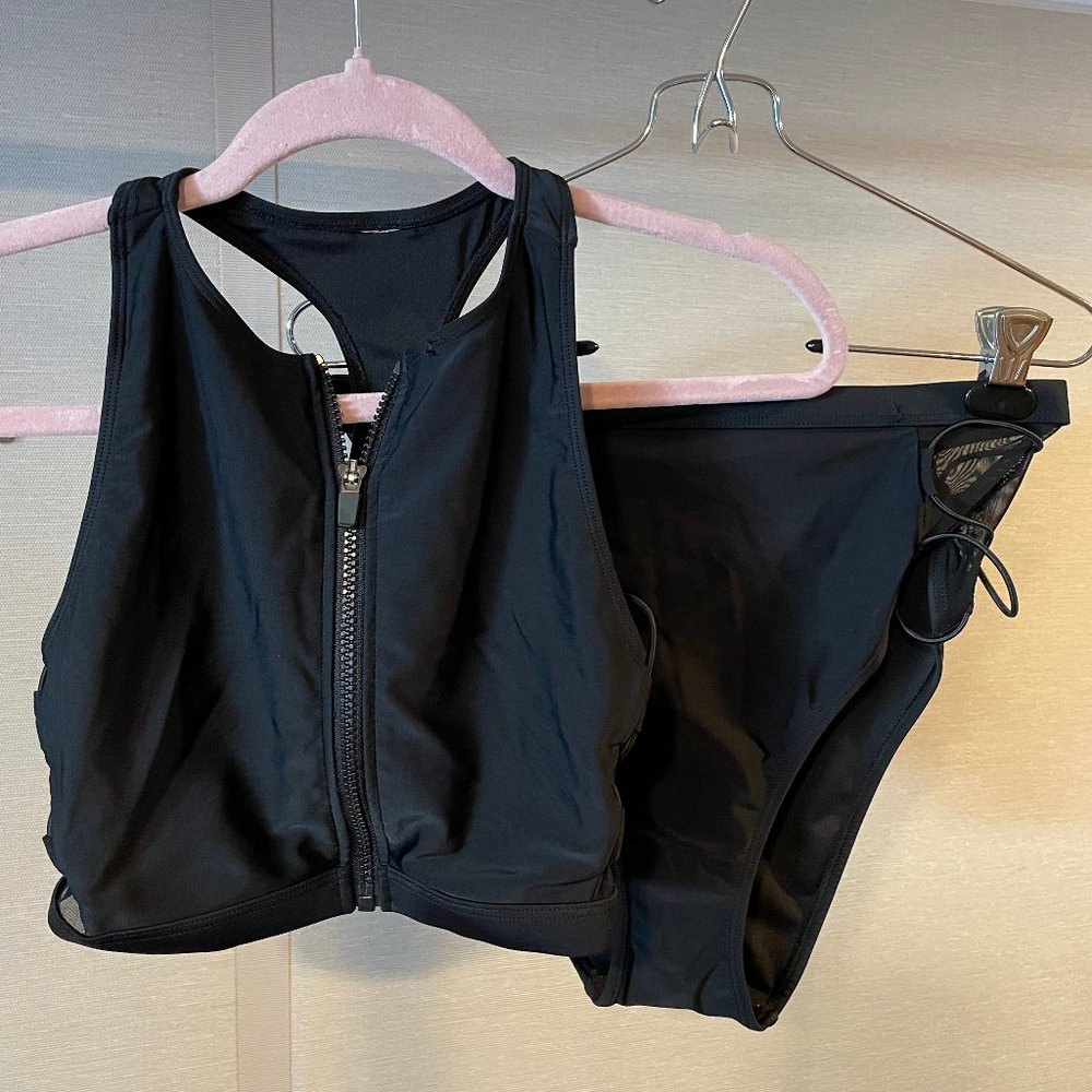 Black Zip Two Piece Bikini Swimsuit